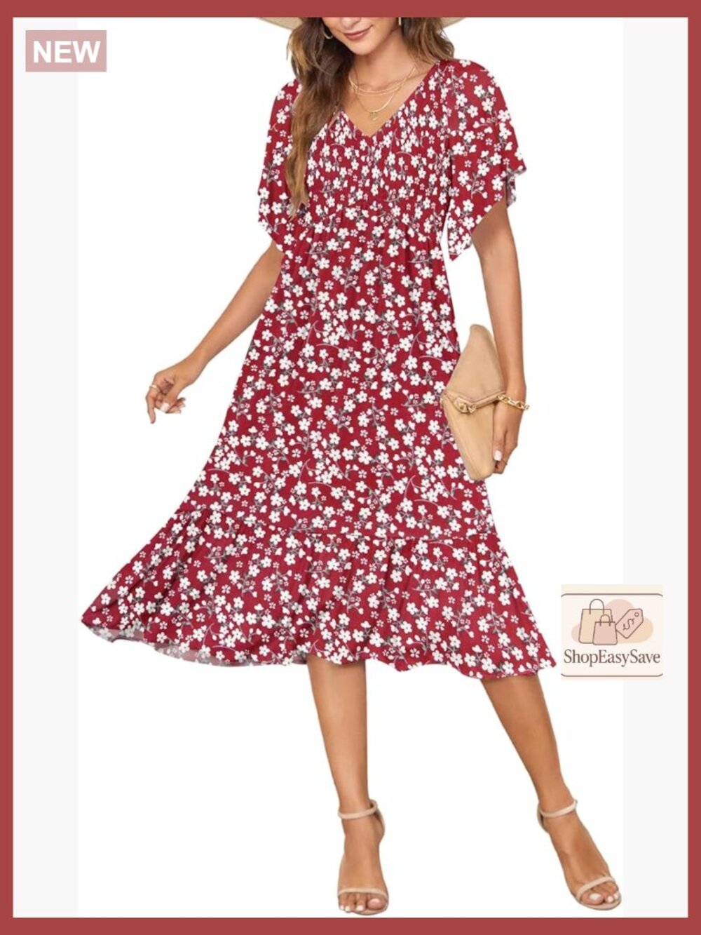 Empire Waist Midi Dress Smocked Flutter Sleeve V Neck Boho Chic Elegant